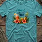 Tropic Like it's Hot T-Shirt in Heather Galapagos Blue, front view.
