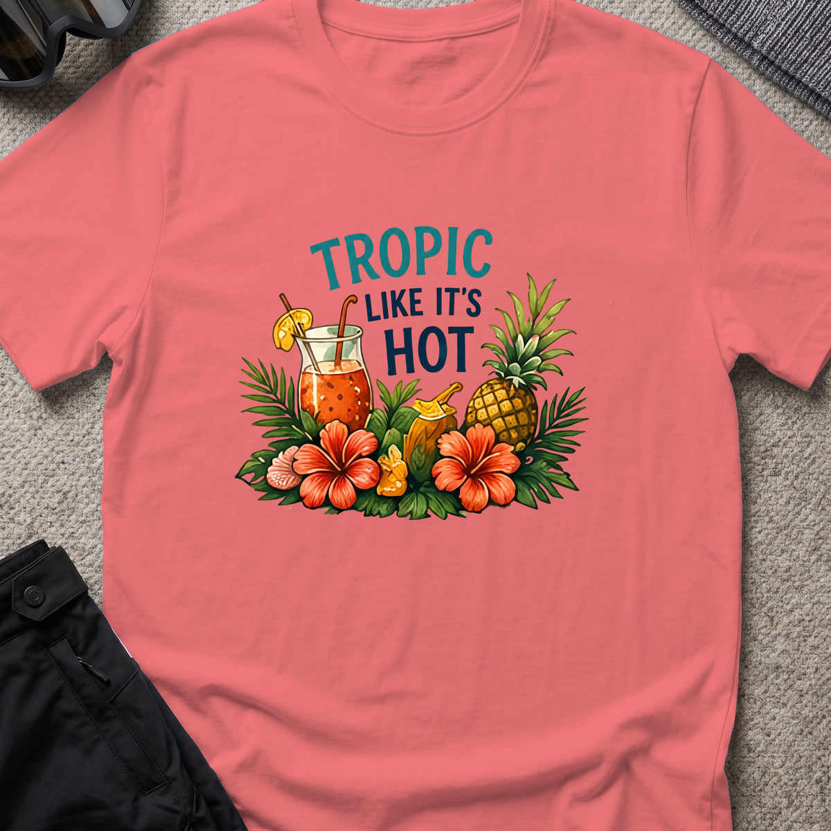 Tropic Like it's Hot T-Shirt in Coral Silk, front view.