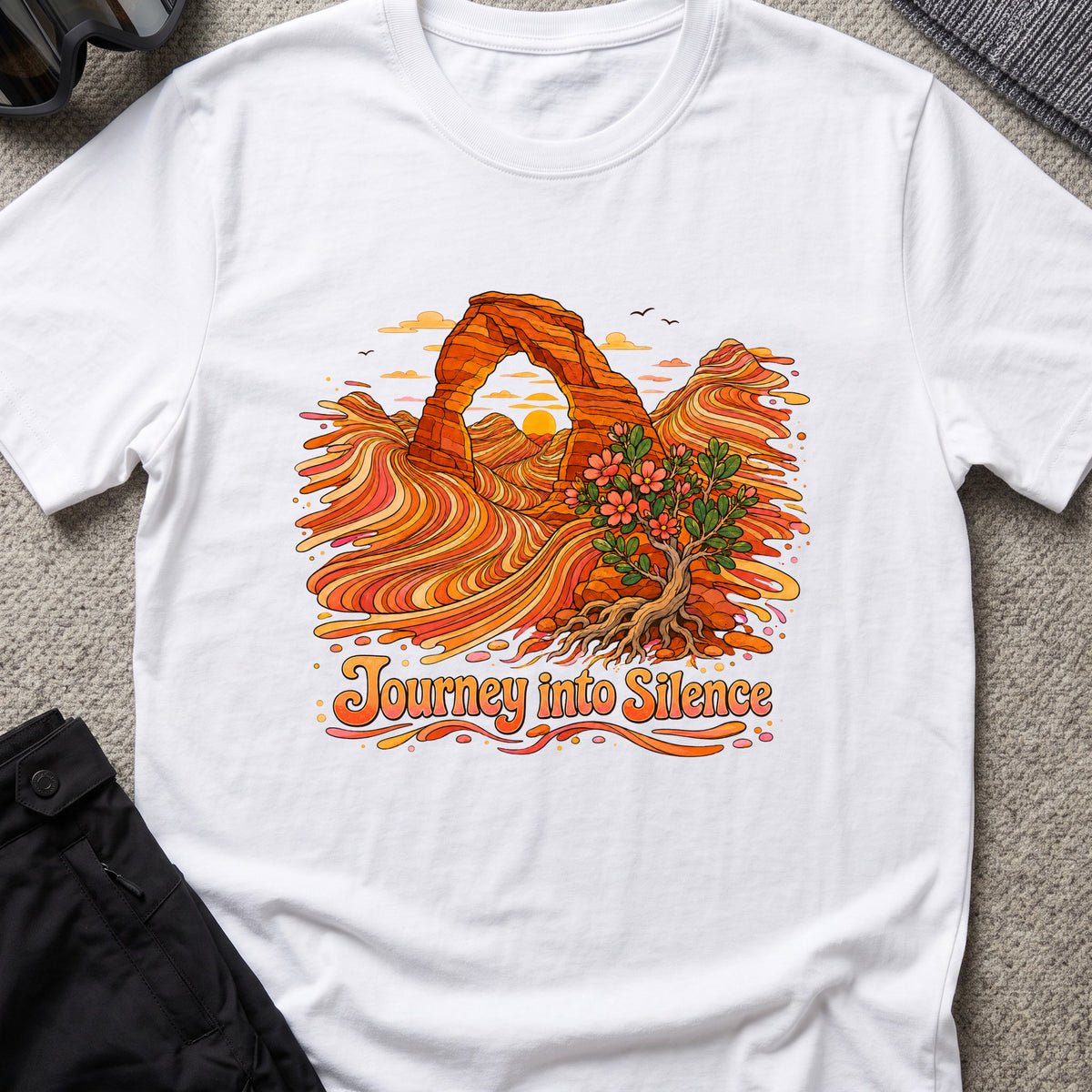 Journey Into Silence T-Shirt in White, front view.