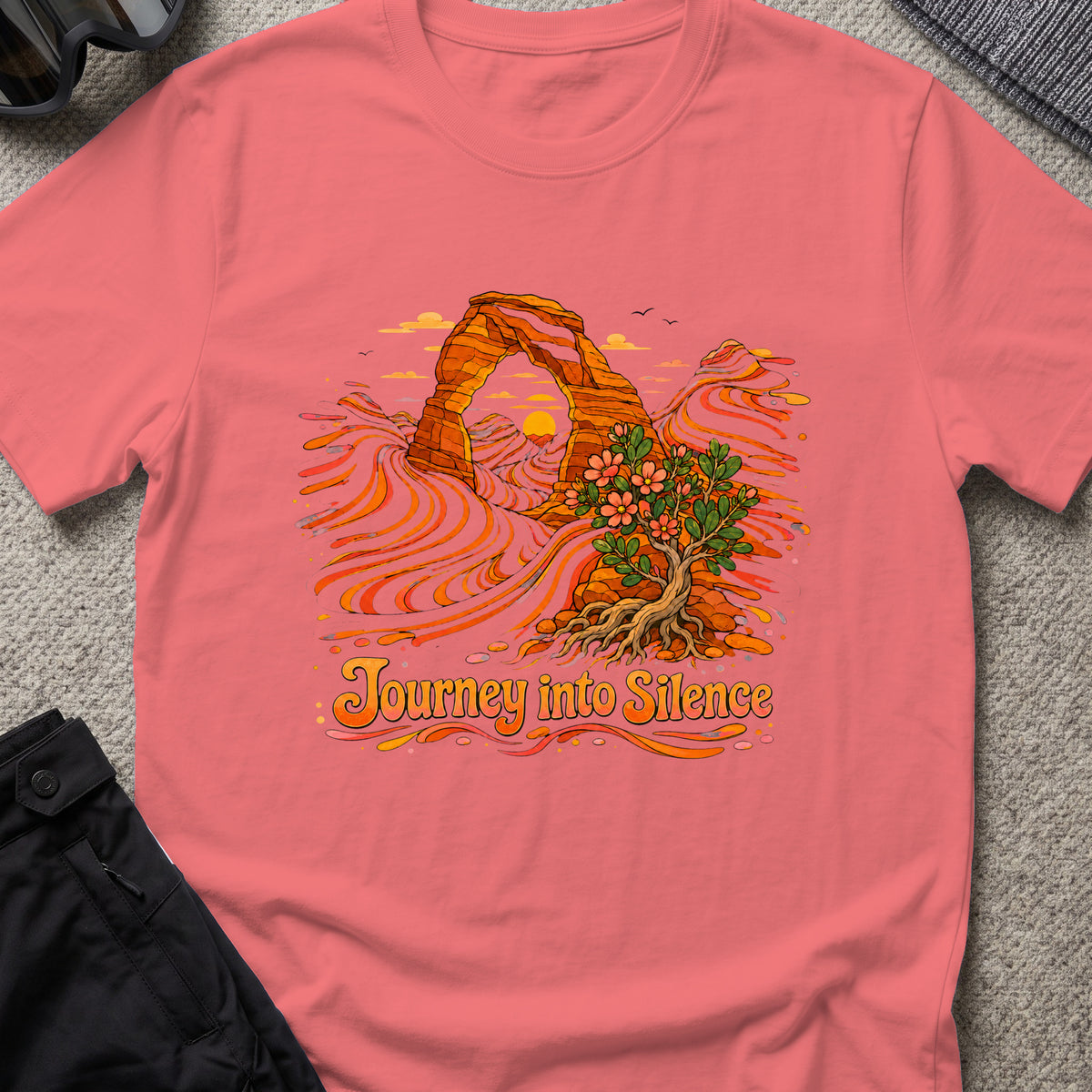 Journey Into Silence T-Shirt in Coral Silk, front view.