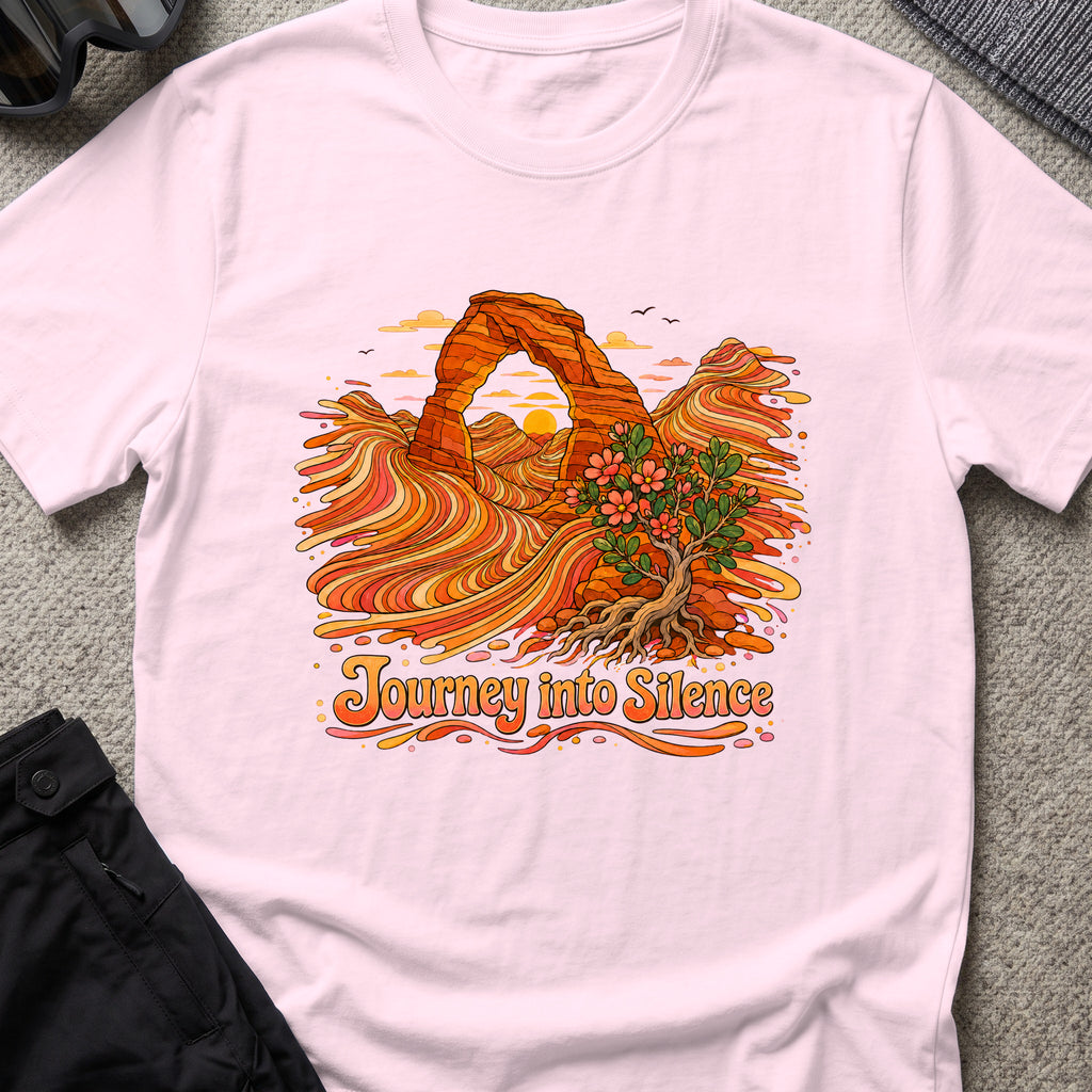 Journey Into Silence T-Shirt in Light Pink, front view.