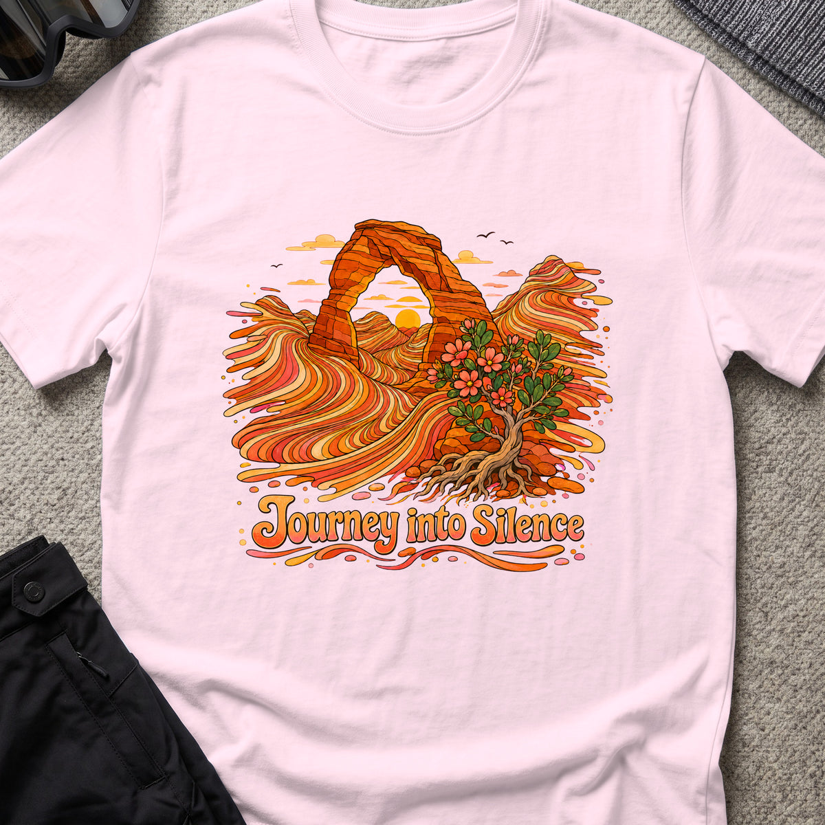 Journey Into Silence T-Shirt in Light Pink, front view.