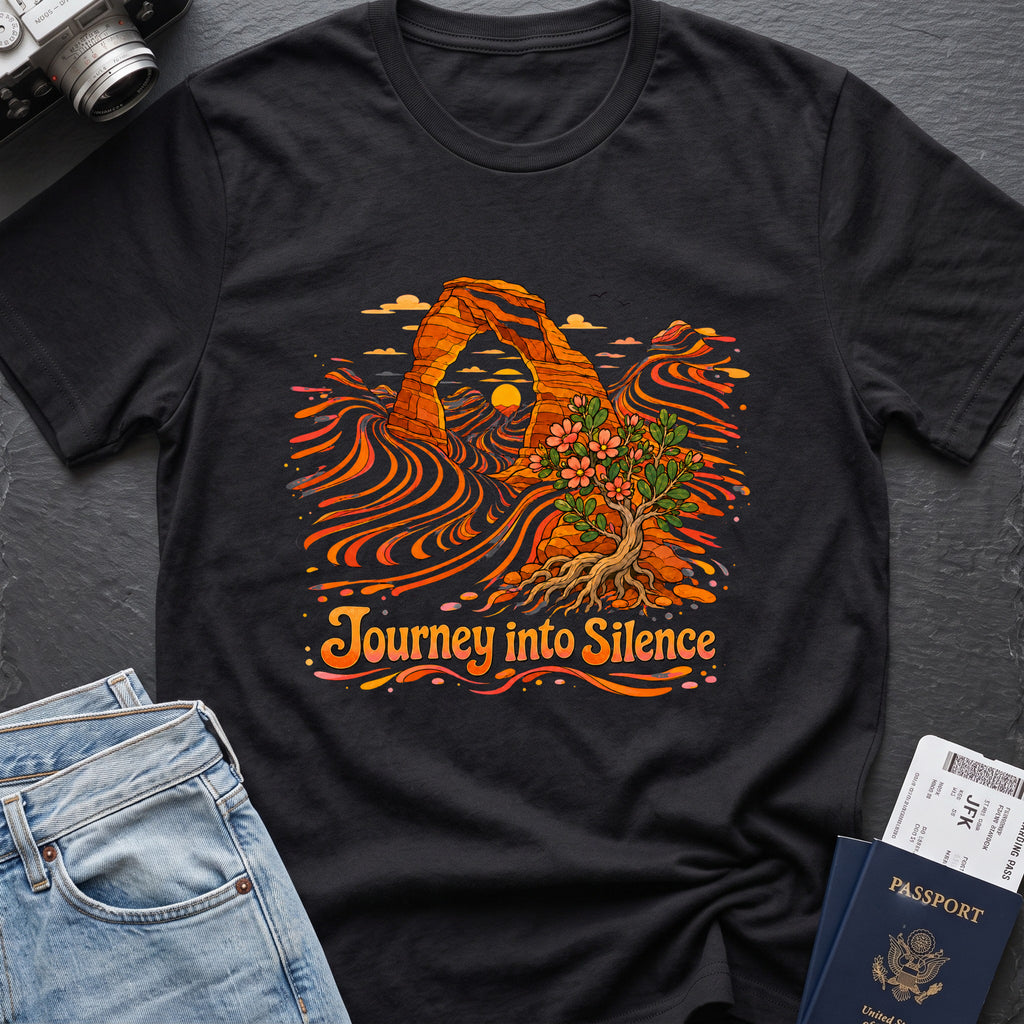 Journey Into Silence T-Shirt in Black, front view.