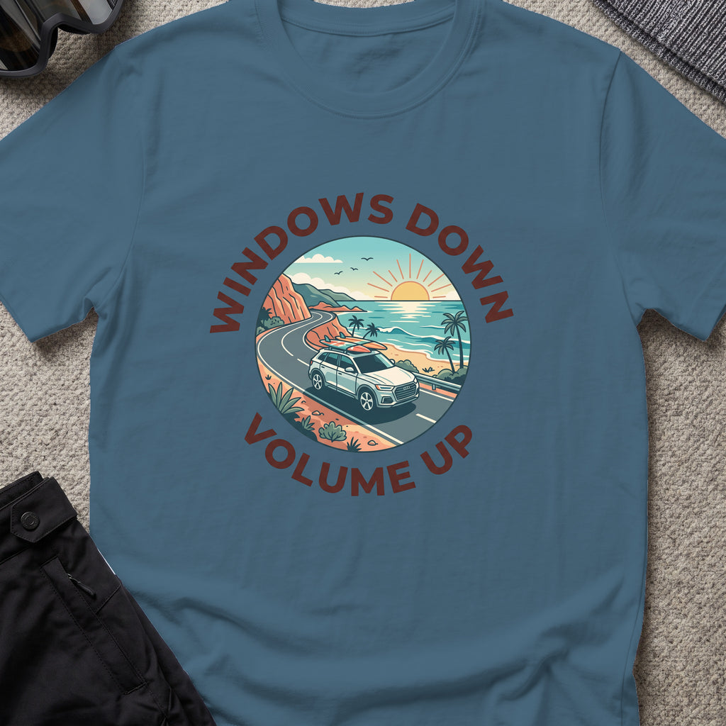 Windows Down Volume Up T-Shirt in Indigo Blue, front view.