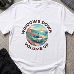 Windows Down Volume Up T-Shirt in White, front view.