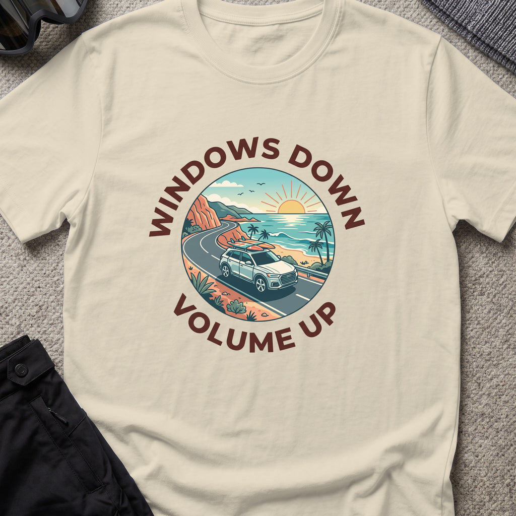 Windows Down Volume Up T-Shirt in Sand, front view.