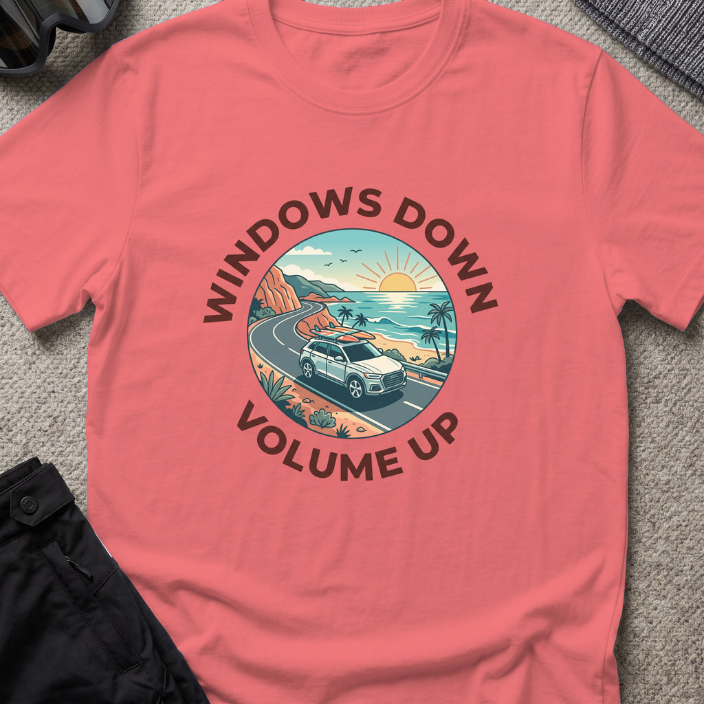 Windows Down Volume Up T-Shirt in Coral Silk, front view.