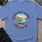 Windows Down Volume Up T-Shirt in Iris, front view.