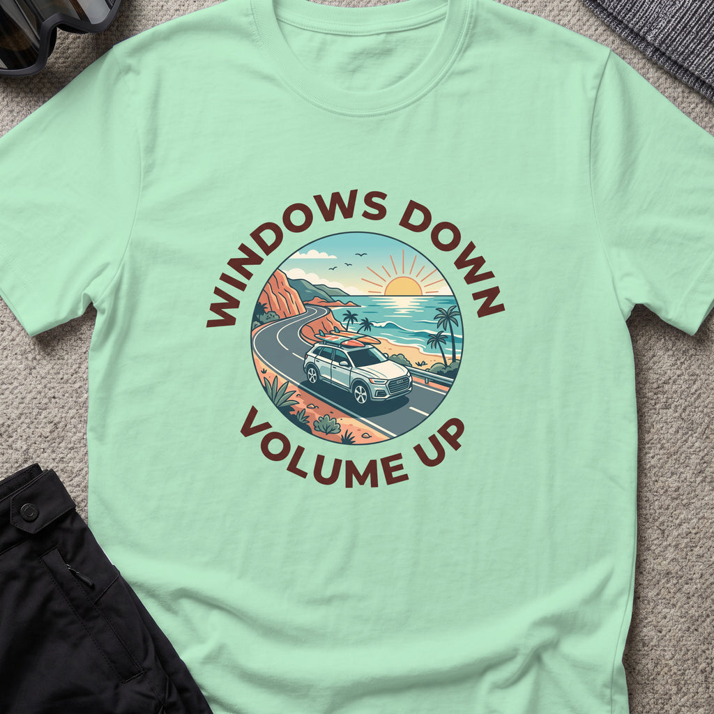 Windows Down Volume Up T-Shirt in Mint Green, front view.