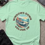 Windows Down Volume Up T-Shirt in Mint Green, front view.