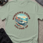 Windows Down Volume Up T-Shirt in Sage, front view.