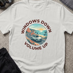 Windows Down Volume Up T-Shirt in Ice Grey, front view.