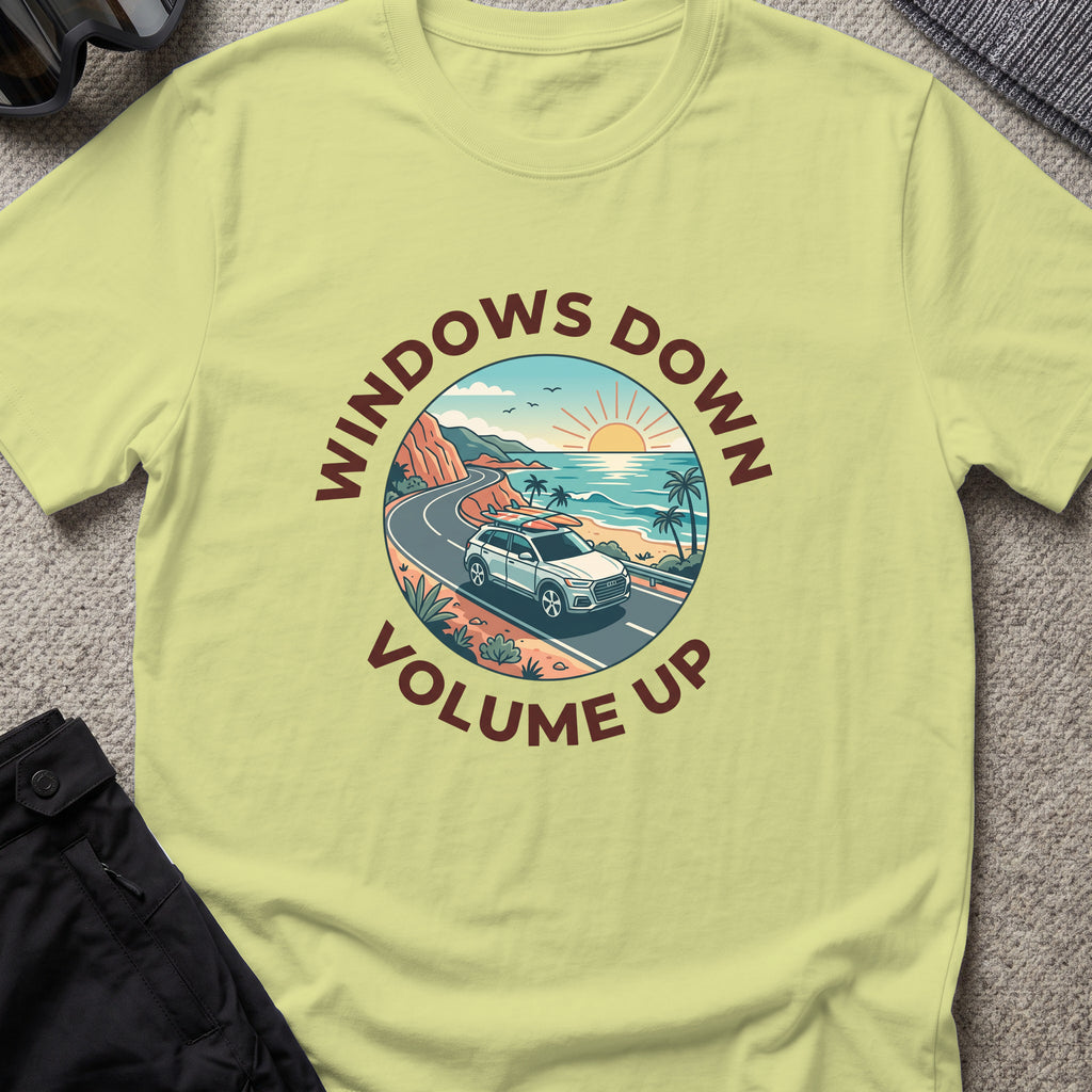 Windows Down Volume Up T-Shirt in Pistachio, front view.