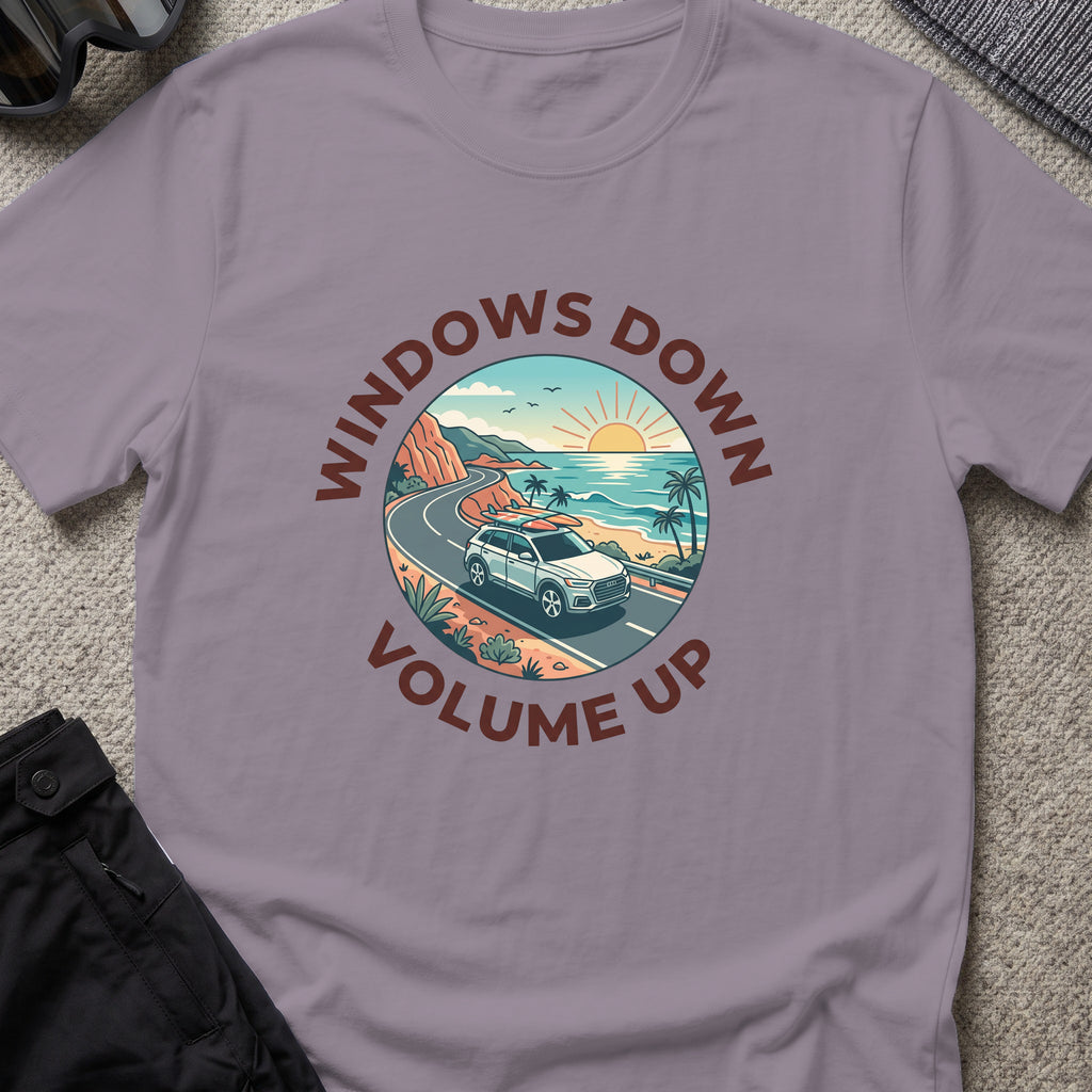 Windows Down Volume Up T-Shirt in Paragon, front view.