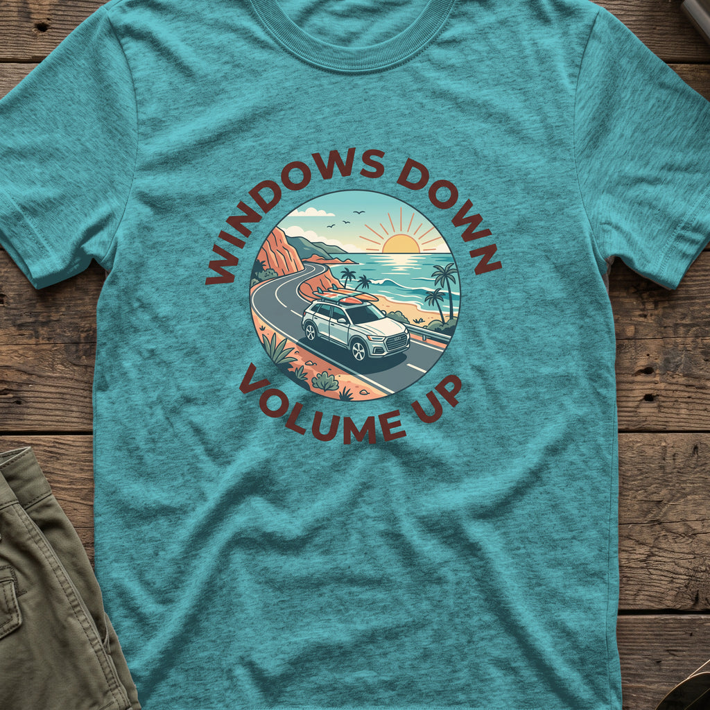 Windows Down Volume Up T-Shirt in Heather Galapagos Blue, front view.