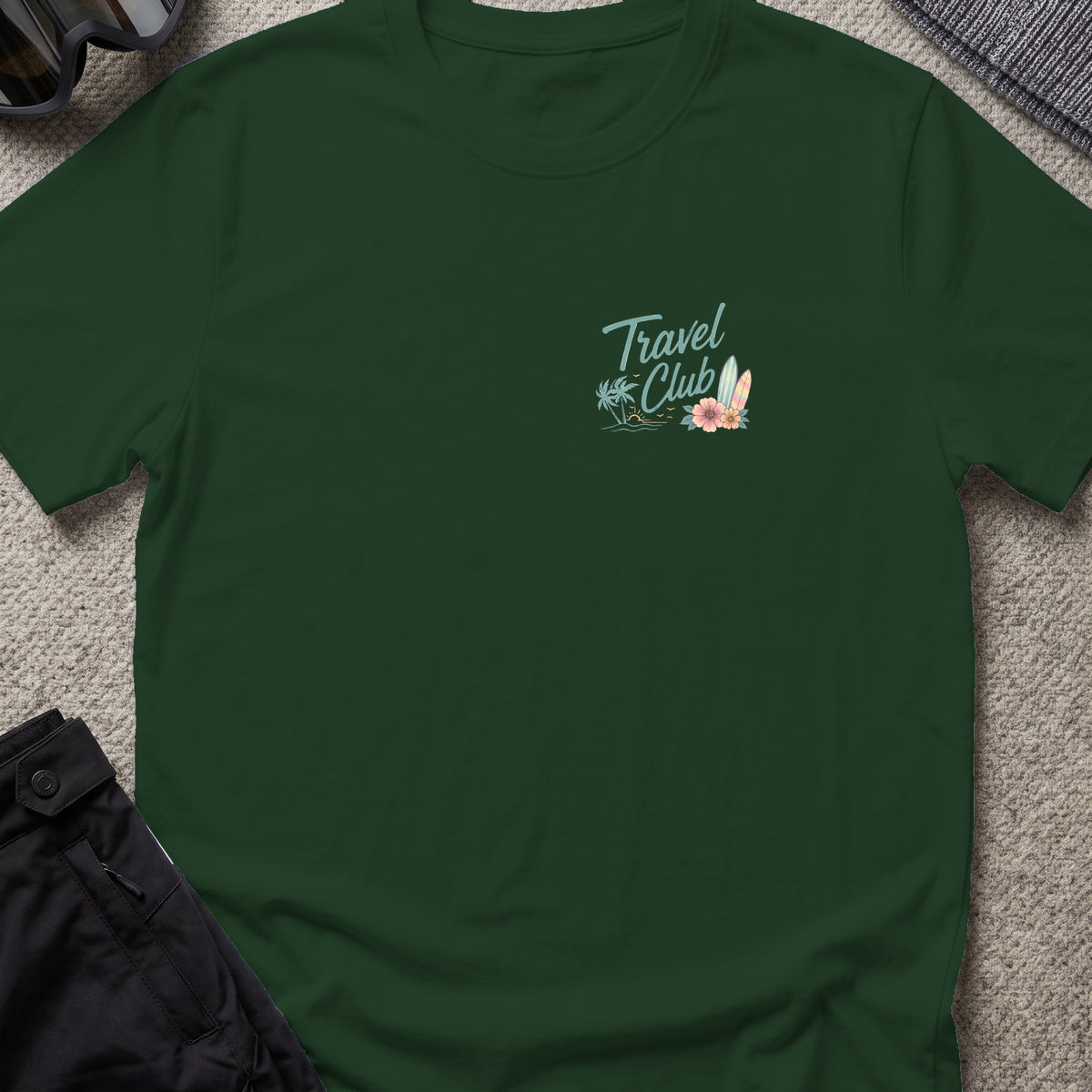 Travel Club T-Shirt in Forest Green, front view.