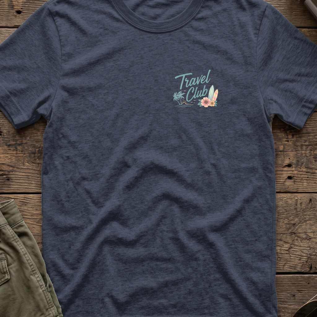 Travel Club T-Shirt in Heather Navy, front view.