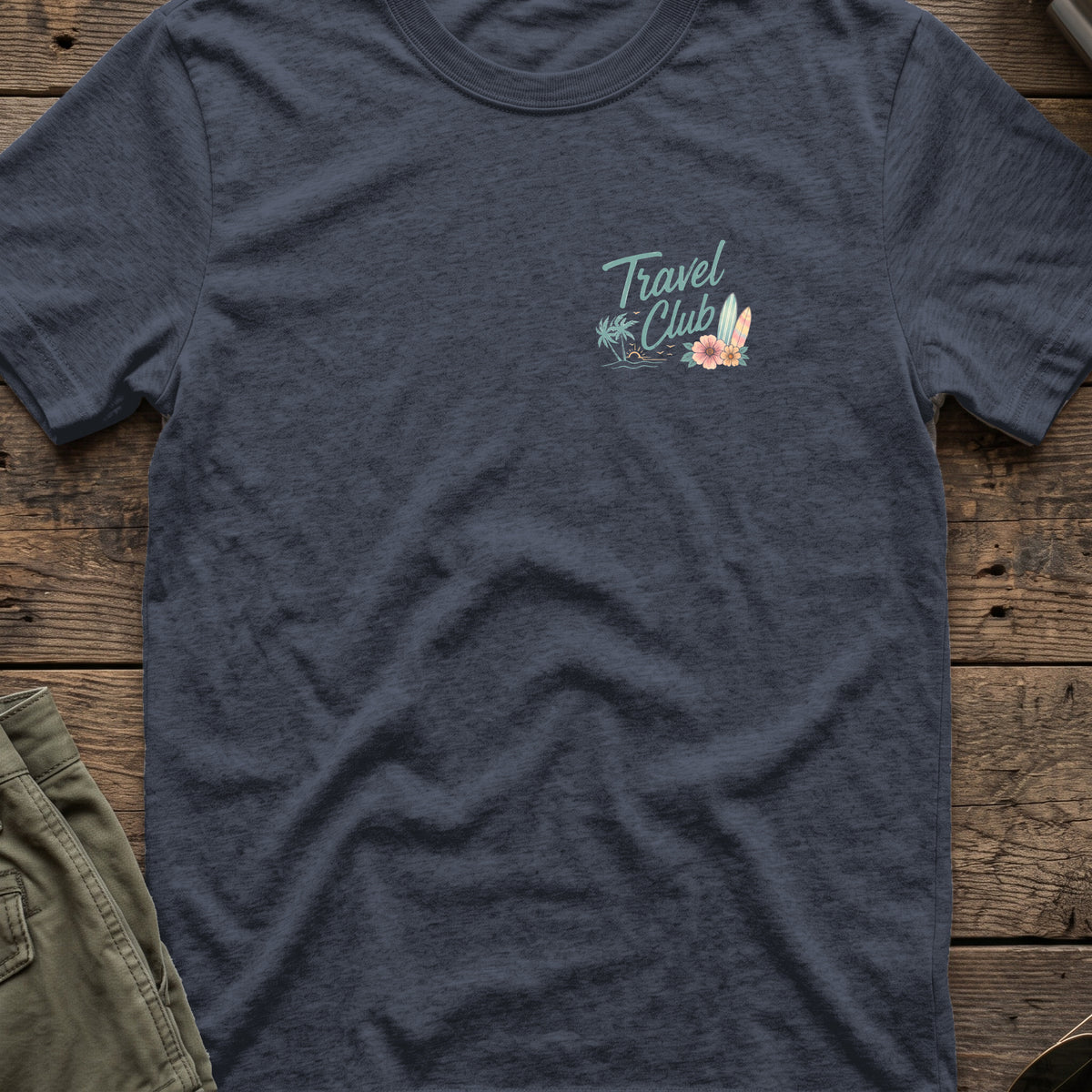 Travel Club T-Shirt in Heather Navy, front view.