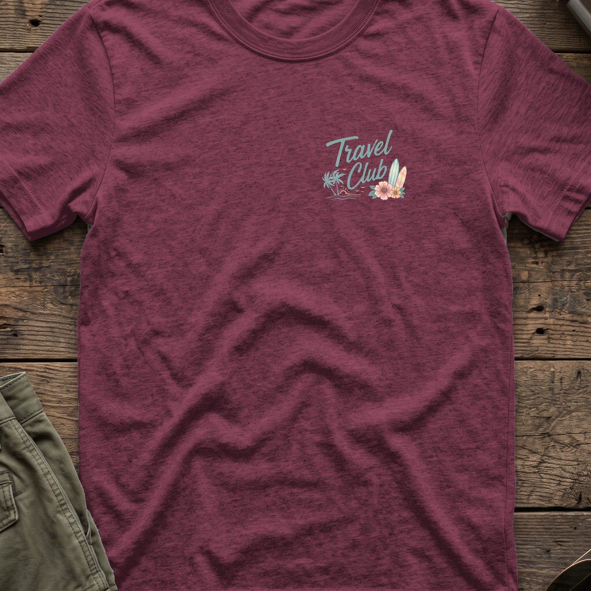 Travel Club T-Shirt in Heather Maroon, front view.