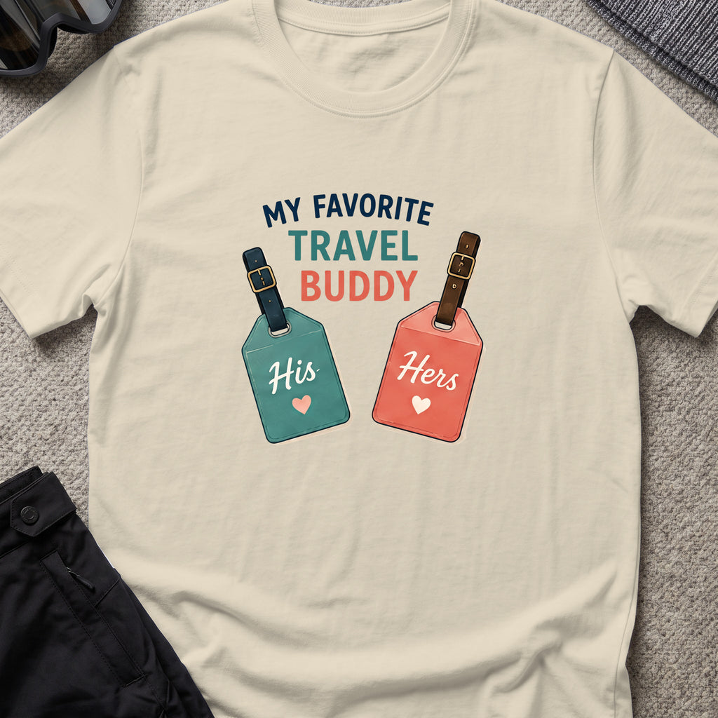 My Favorite Travel Buddy T-Shirt in Sand, front view.
