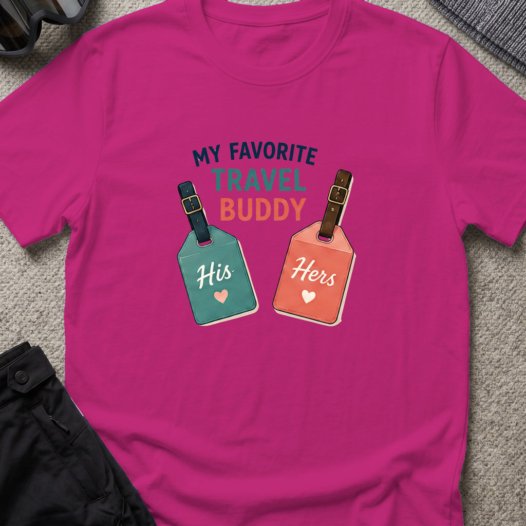 My Favorite Travel Buddy T-Shirt in Antique Heliconia, front view.