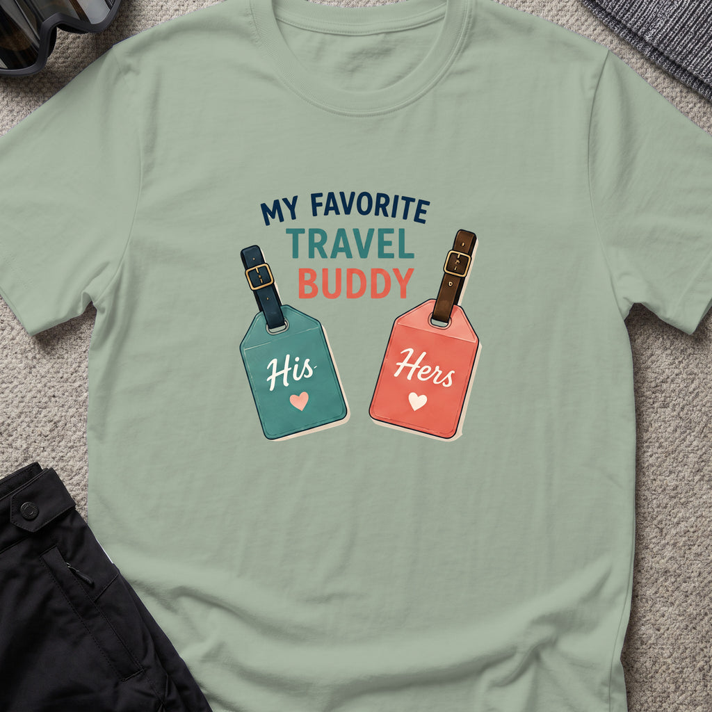 My Favorite Travel Buddy T-Shirt in Sage, front view.