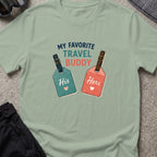 My Favorite Travel Buddy T-Shirt in Sage, front view.