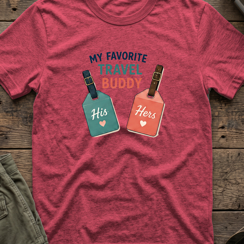 My Favorite Travel Buddy T-Shirt in Heather Cardinal, front view.