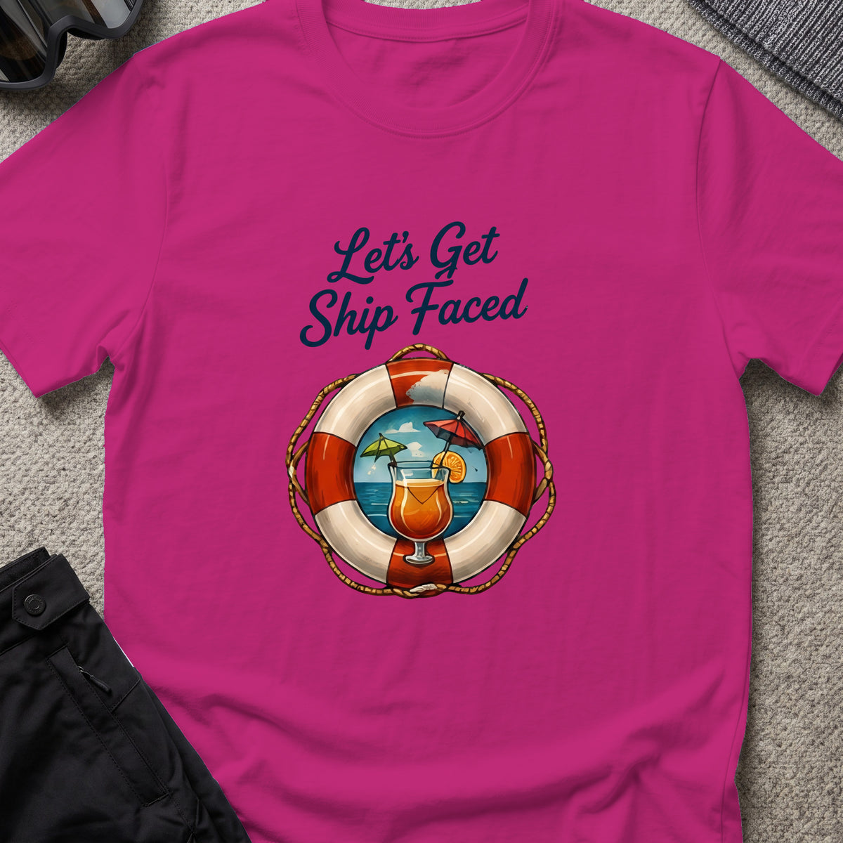 Let's Get Ship Faced T-Shirt — Ocean View in Antique Heliconia, front view.