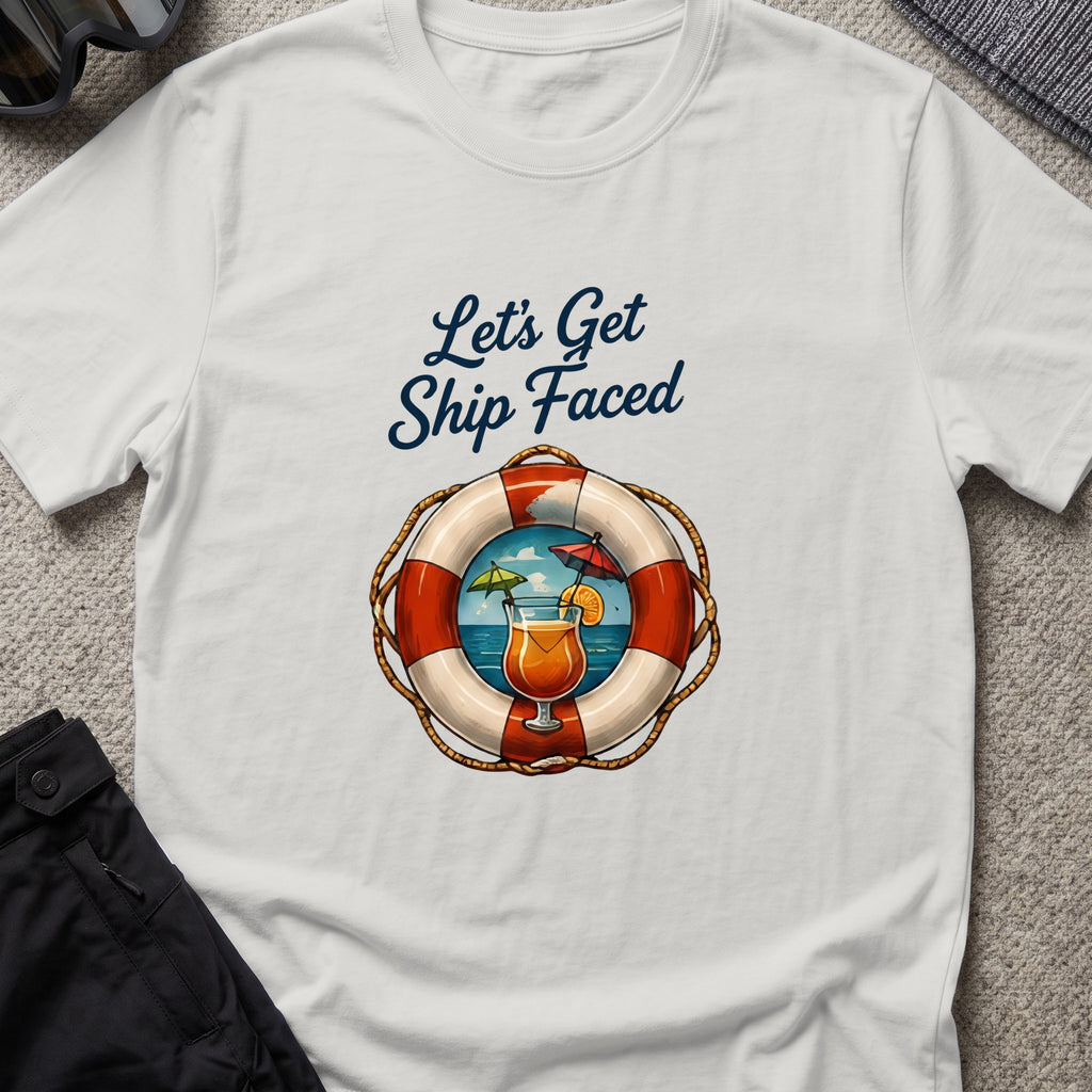 Let's Get Ship Faced T-Shirt — Ocean View in Ice Grey, front view.