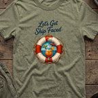 Let's Get Ship Faced T-Shirt — Ocean View in Heather Military Green, front view.
