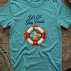 Let's Get Ship Faced T-Shirt — Ocean View in Heather Galapagos Blue, front view.