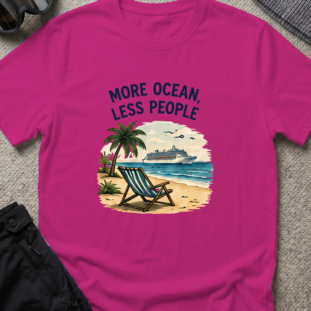 More Ocean Less People T-Shirt in Antique Heliconia, front view.