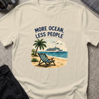 More Ocean Less People T-Shirt in Sand, front view.