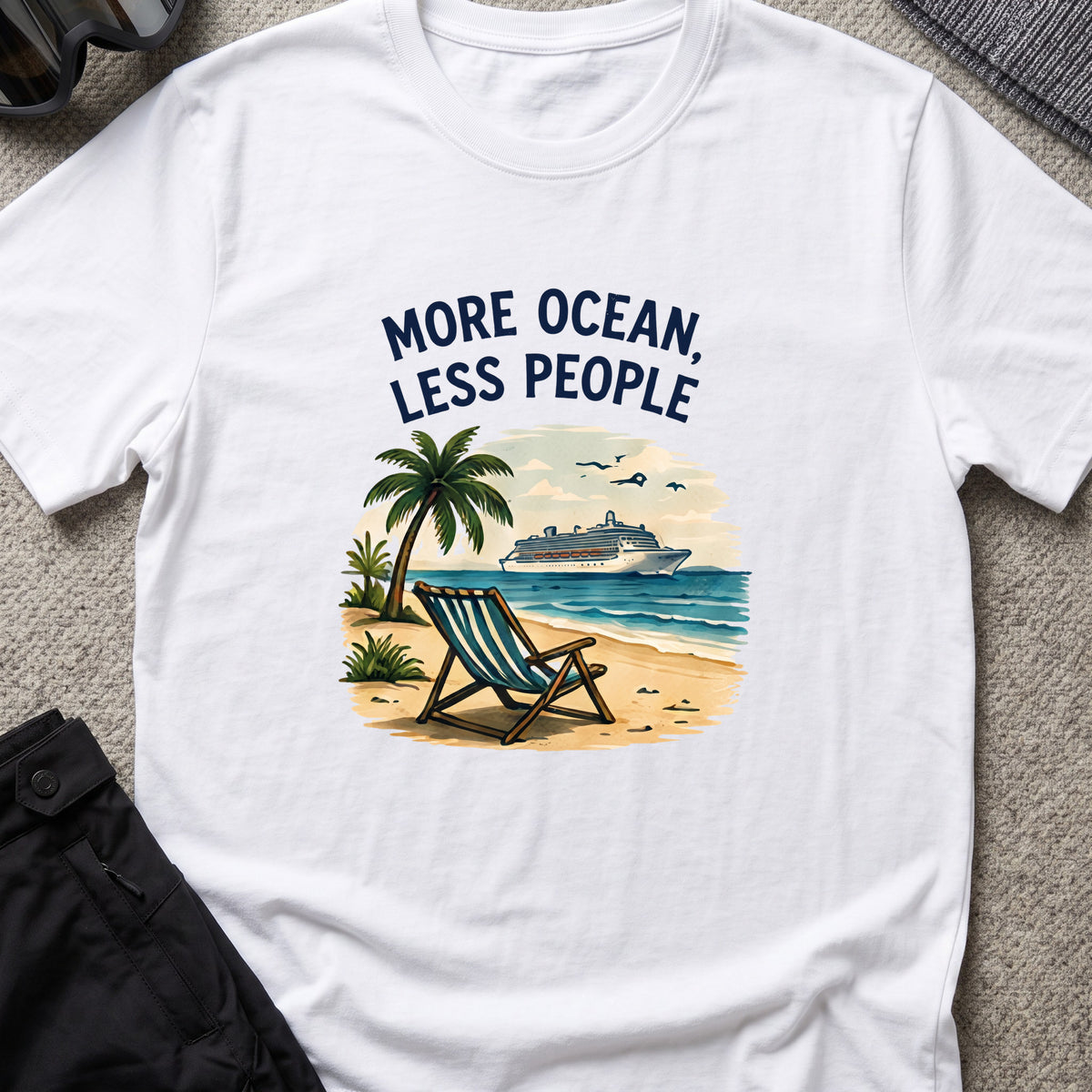 More Ocean Less People T-Shirt in White, front view.