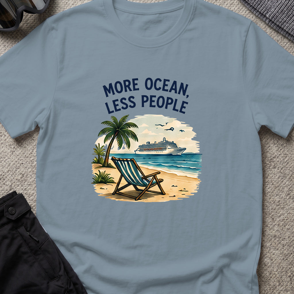 More Ocean Less People T-Shirt in Stone Blue, front view.