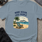 More Ocean Less People T-Shirt in Stone Blue, front view.