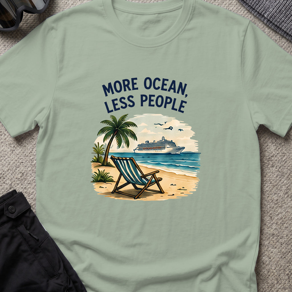 More Ocean Less People T-Shirt in Sage, front view.