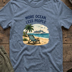More Ocean Less People T-Shirt in Heather Indigo, front view.