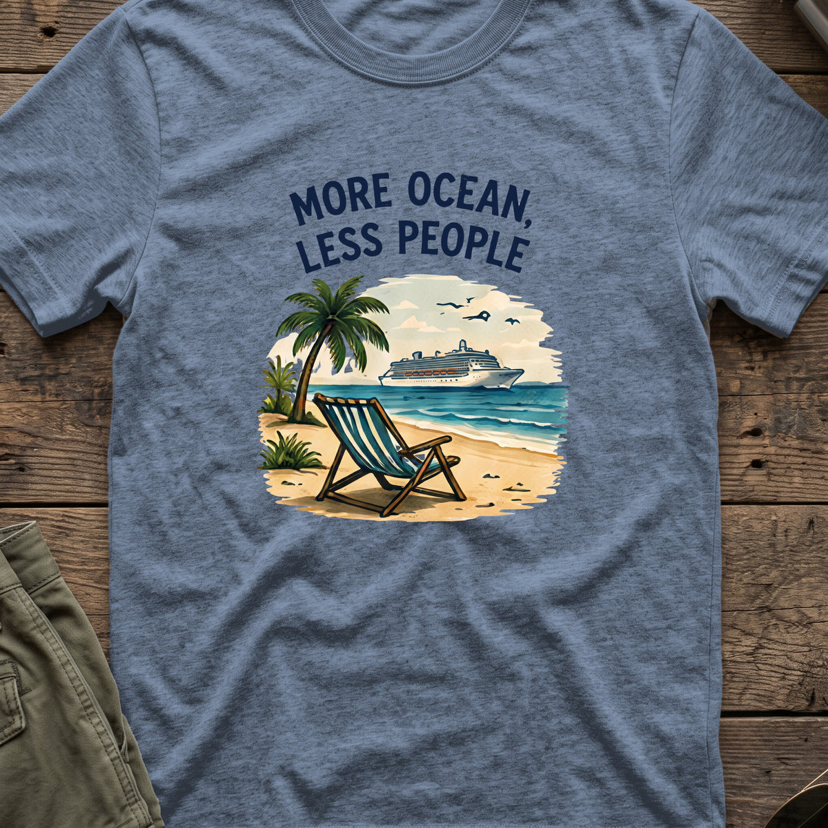 More Ocean Less People T-Shirt in Heather Indigo, front view.