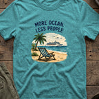 More Ocean Less People T-Shirt in Heather Galapagos Blue, front view.