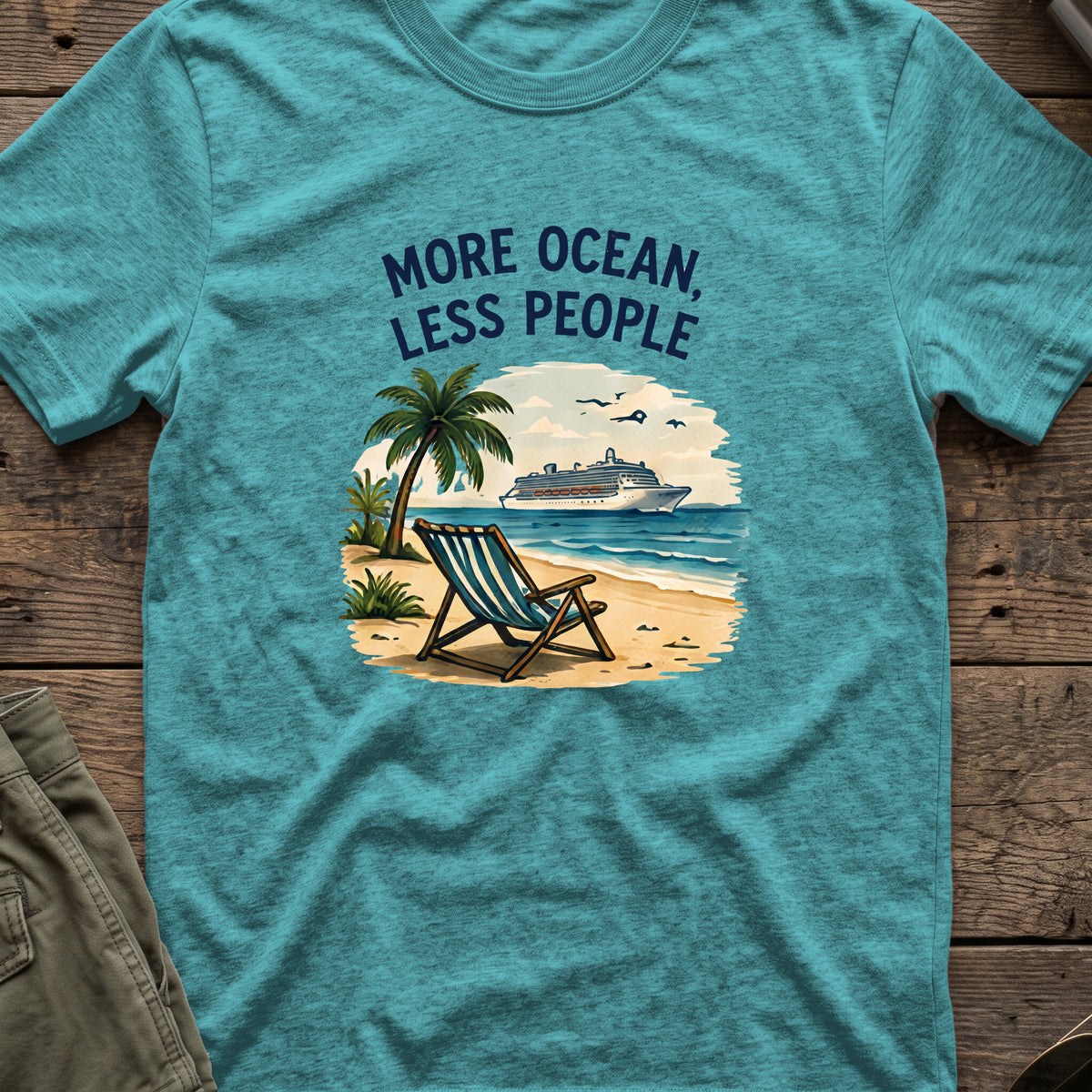 More Ocean Less People T-Shirt in Heather Galapagos Blue, front view.