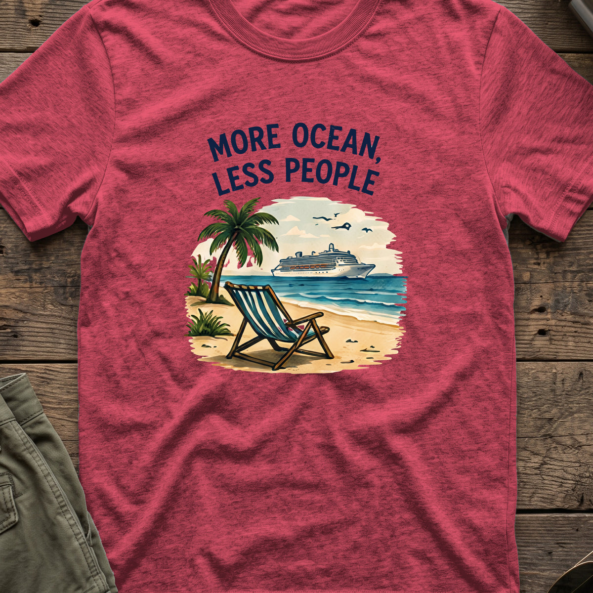 More Ocean Less People T-Shirt in Heather Cardinal, front view.