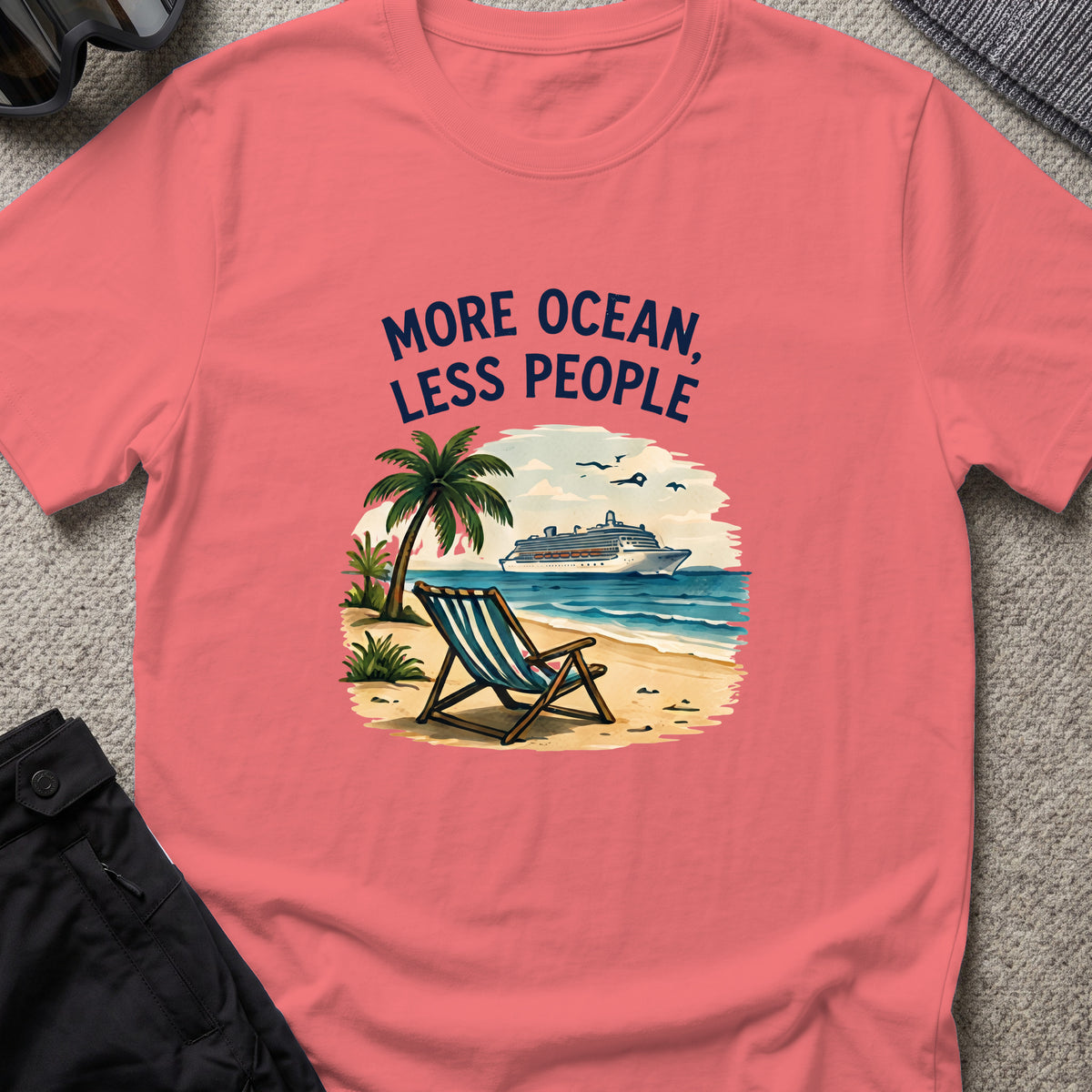 More Ocean Less People T-Shirt in Coral Silk, front view.