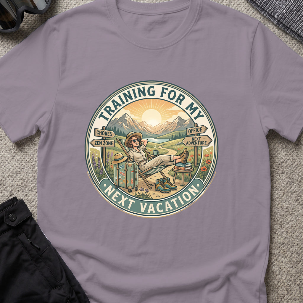 Training for My Next Vacation T-Shirt in Paragon, front view.