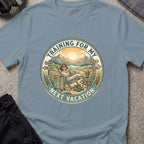Training for My Next Vacation T-Shirt in Stone Blue, front view.