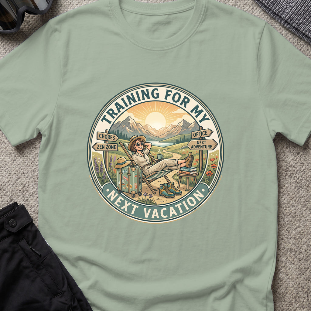 Training for My Next Vacation T-Shirt in Sage, front view.