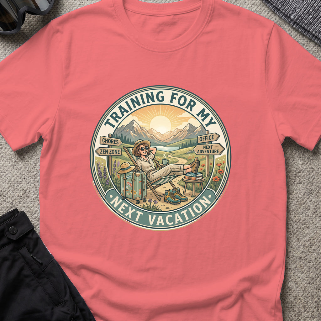 Training for My Next Vacation T-Shirt in Coral Silk, front view.