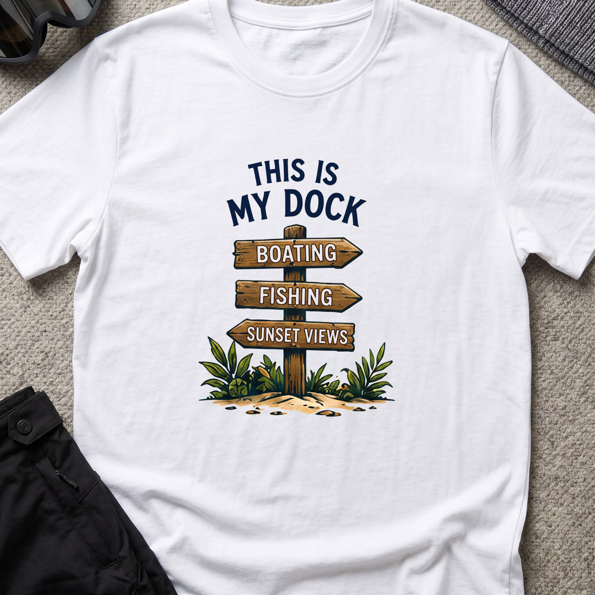 This Is My Dock T-Shirt — Signpost in White, front view.
