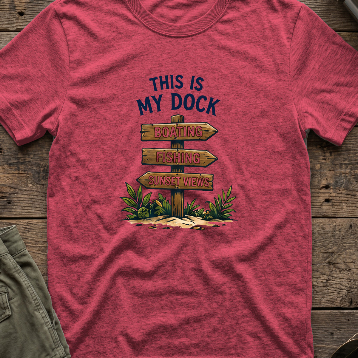 This Is My Dock T-Shirt — Signpost in Heather Cardinal, front view.